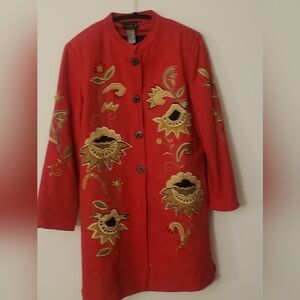 VINTAGE ALLURE RED EMBROIDERED 3/4 LENGTH JACKET ~ SIZE MEDIUM